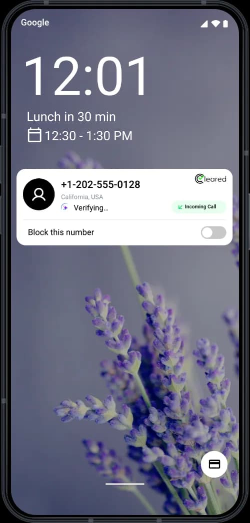 Real-time safety feature showing a phone screen with a detected scam call and a blocked malicious SMS