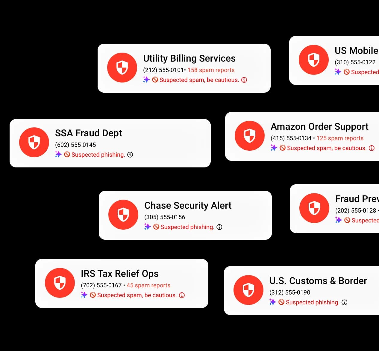 Account Guard feature showing a phone screen with a detected OTP scam and a warning about a fraudulent message pretending to be from Instagram