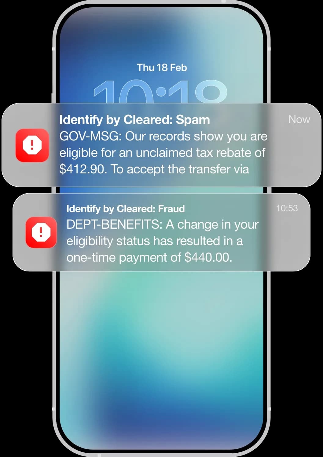 Real-time safety feature showing a phone screen with a detected scam call and a blocked malicious SMS
