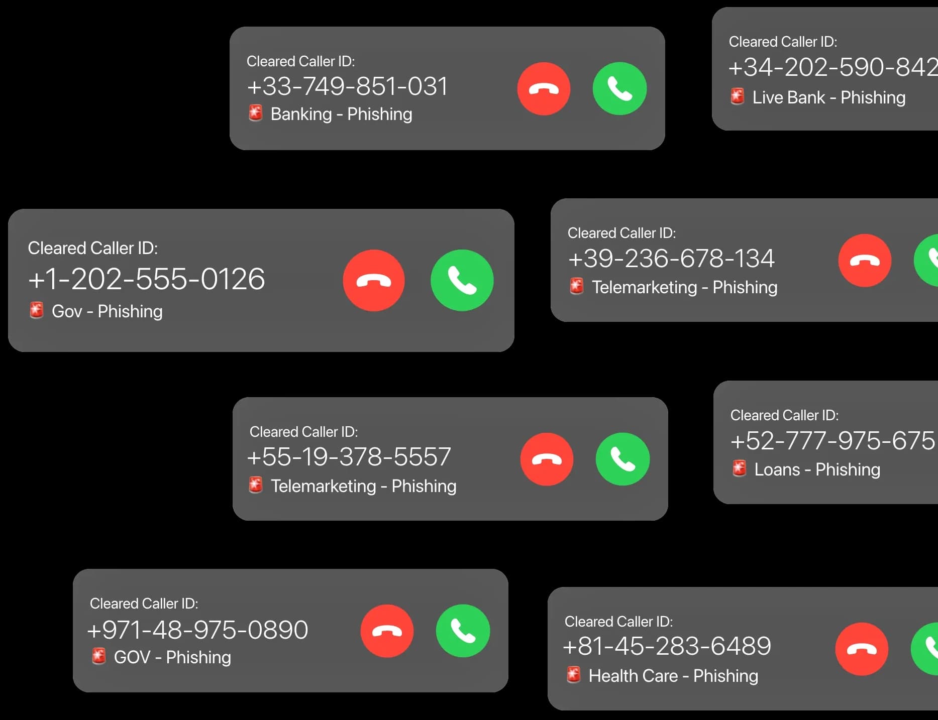 Phishing protection feature showing a phone screen with a detected phishing SMS and a warning about a malicious link