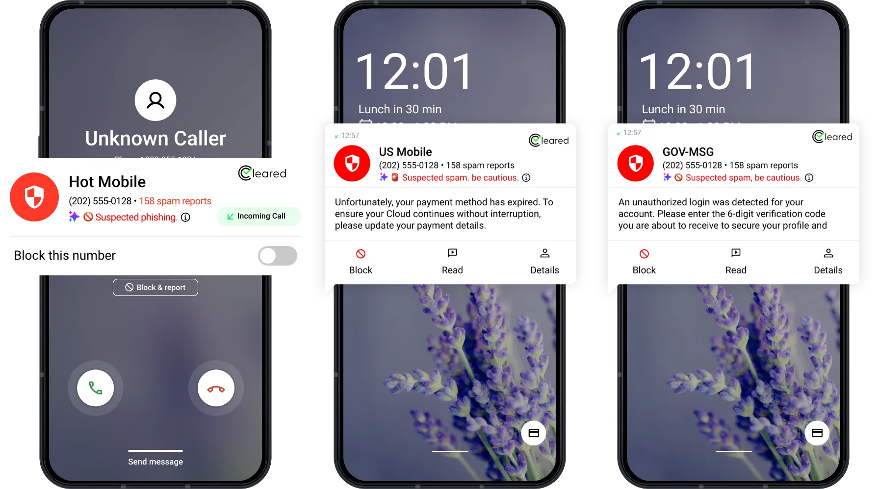Cleared SDK spam detection dashboard showing scam call alerts, phishing detection, and OTP protection