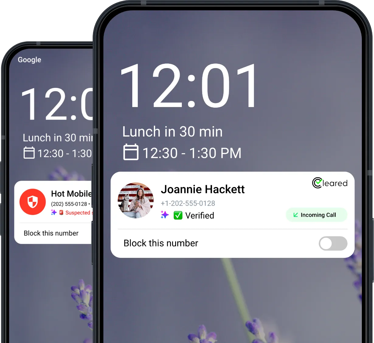 Mobile phone displaying Cleared SDK spam blocking features - scam call detection and malicious SMS filtering