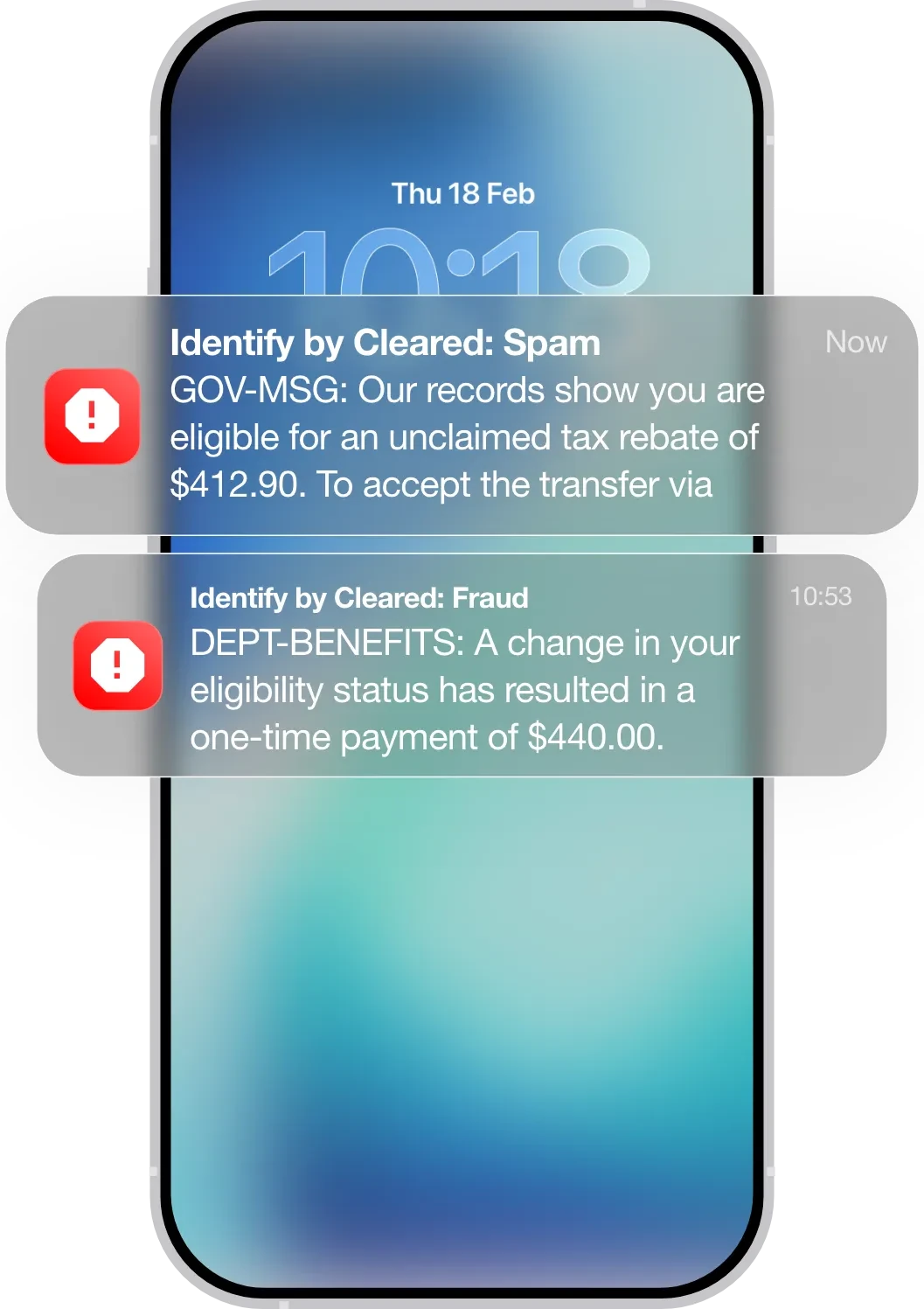 Real-time safety feature showing a phone screen with a detected scam call and a blocked malicious SMS