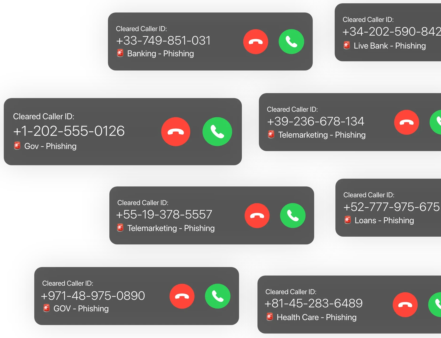 Phishing protection feature showing a phone screen with a detected phishing SMS and a warning about a malicious link