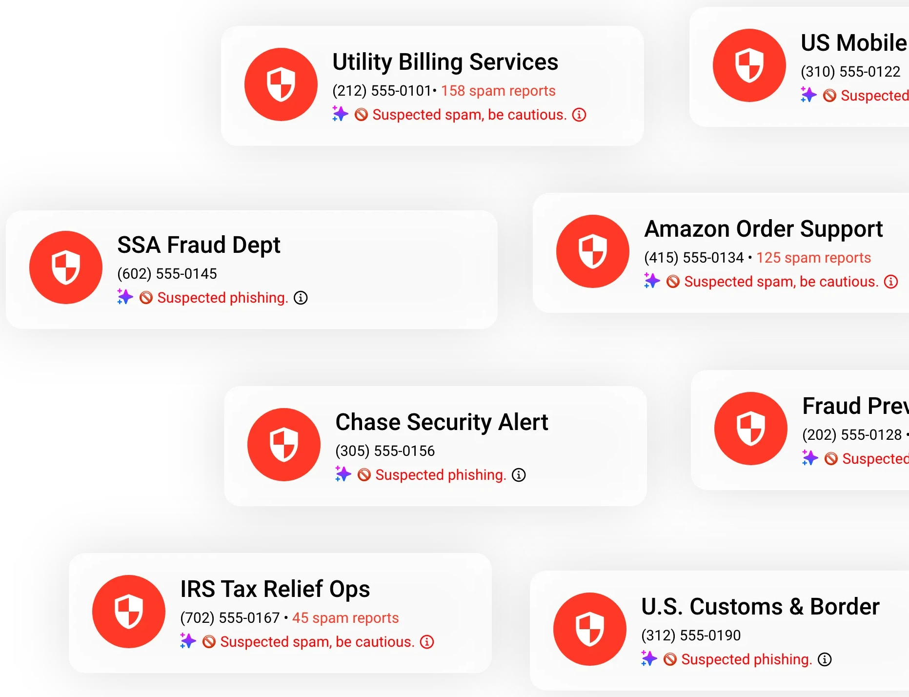 OTP & Account Security feature showing a phone screen with a detected OTP scam and a warning about a fraudulent message pretending to be from Instagram